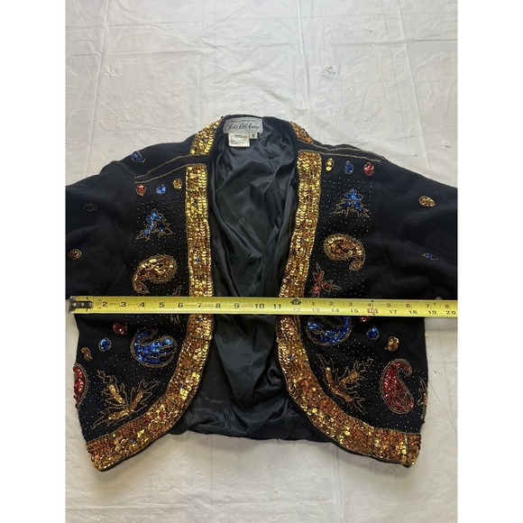 Vintage SAKS 5TH AVENUE Black Beaded Sequin Lambswool Cardigan Size Medium - Picture 5 of 7